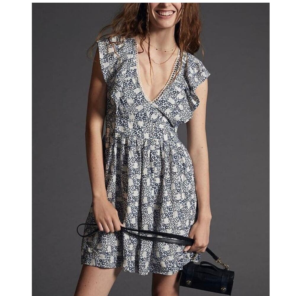 NWT Anthropologie Tunic Mini Dress Womens XS Blue Motif V-Neck Plunge Tassel Tie